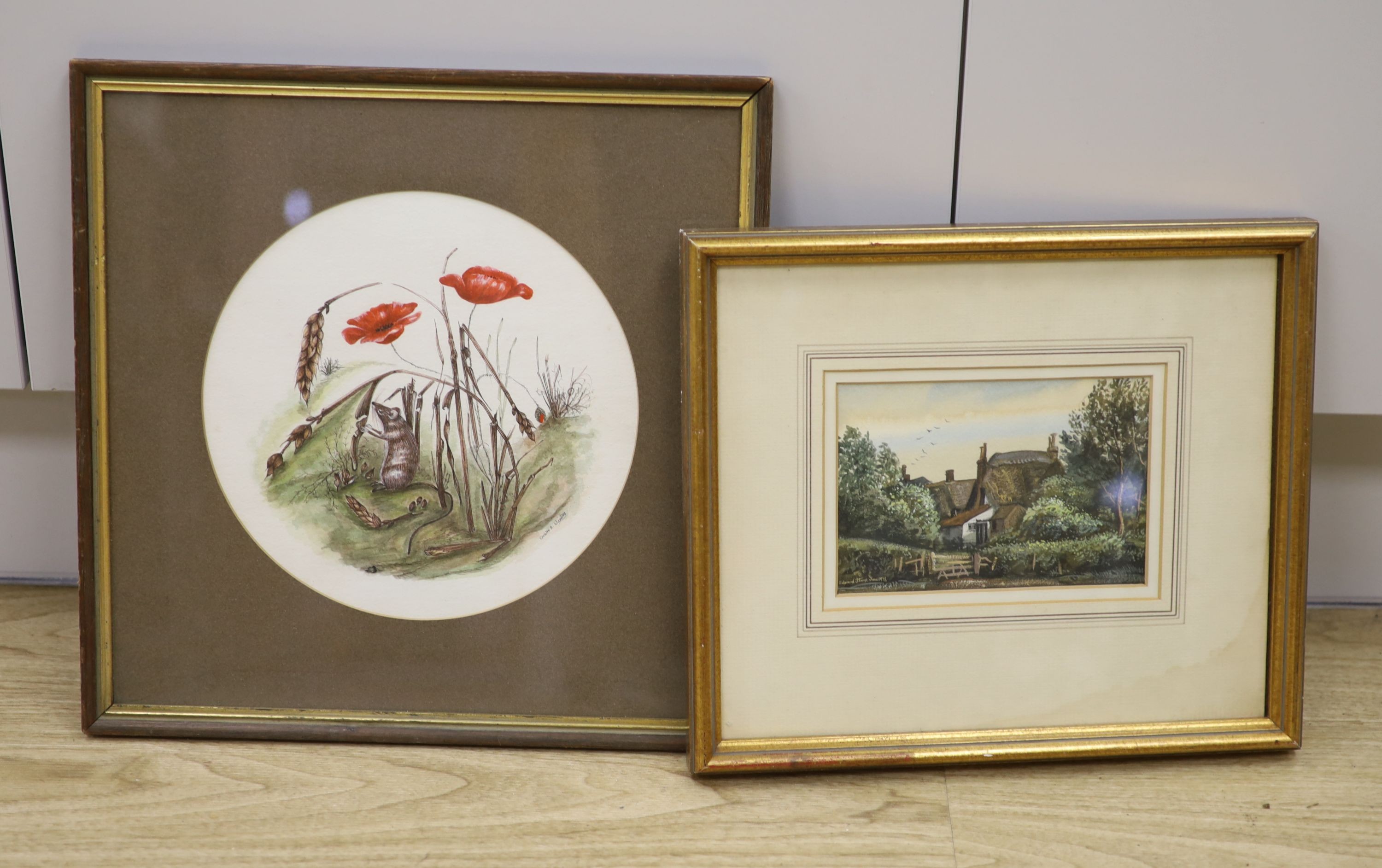Edward Stamp (1939-), watercolour, Cottages at Hoggeston, Buckinghamshire, signed and dated 1978, 11 x 16cm and a watercolour of poppies and mice by Christine Woodley, 23cm